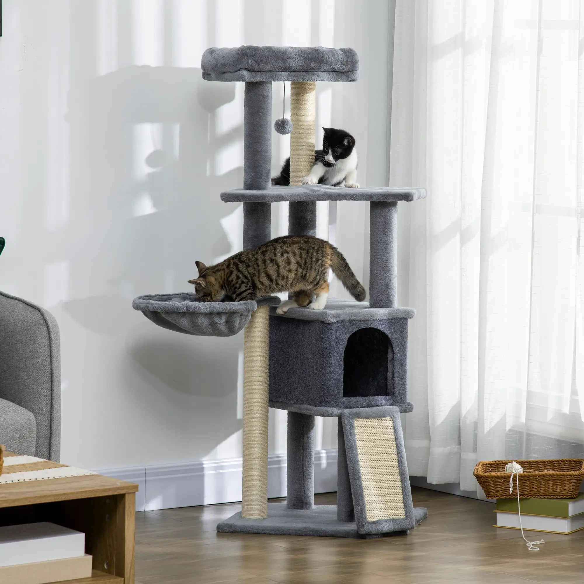 50 Inch Cat Tree, Multi-Level Tower with Sisal Posts, Ramp, Bed, Condo, Hammock, Toy Ball, Grey Cat Towers at Gallery Canada