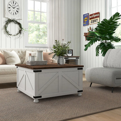 Lift Top Coffee Table, 32" Farmhouse with Hidden Compartment, Antique White, White Coffee Tables at Gallery Canada