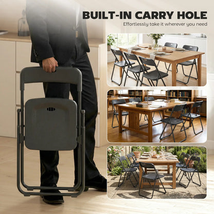 Folding Chairs 6 Pack, Black Plastic With Steel Frame, Black