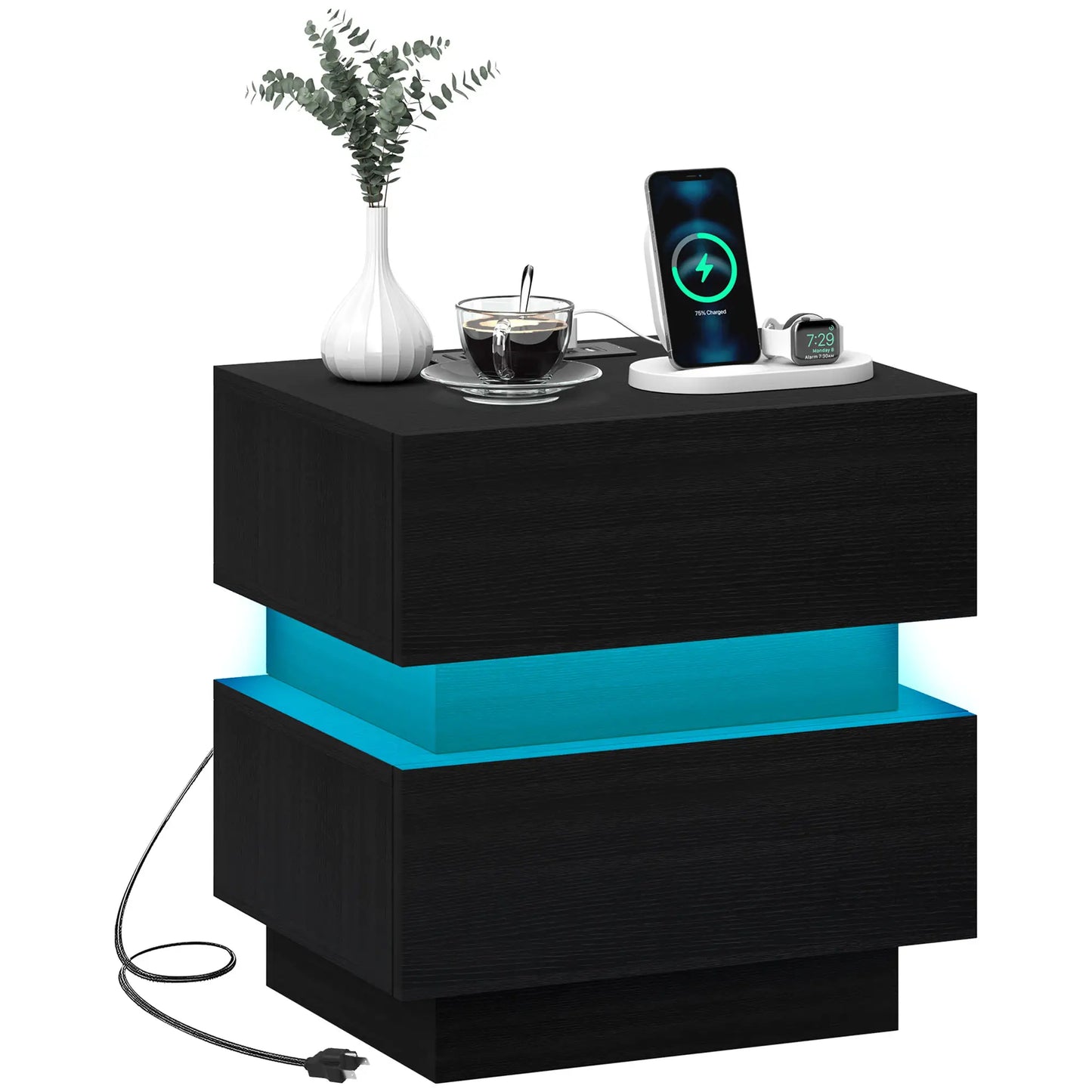 Modern Bedside Table with Charging Station, LED Light, USB Ports, Black Bedside Tables at Gallery Canada