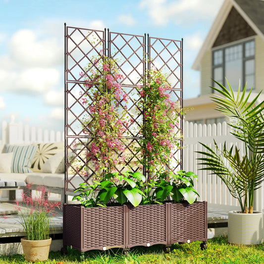Plastic Raised Garden Bed With Trellis, Self Watering Planter Box With Wheels Raised Garden Beds Brown at Gallery Canada