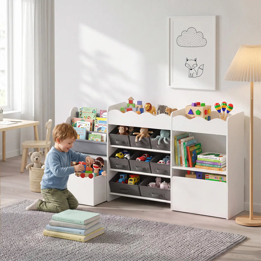 Kids Toy Storage Organizer, Bookshelf with 8 Fabric Bins, 2 Rolling Drawers, White