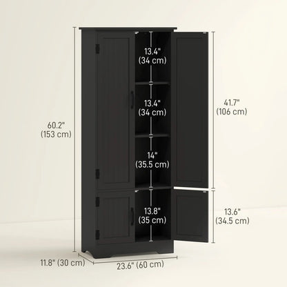 60 Inch 4-Door Storage Cabinet, Adjustable Shelves, Black Kitchen Pantry Cabinets at Gallery Canada