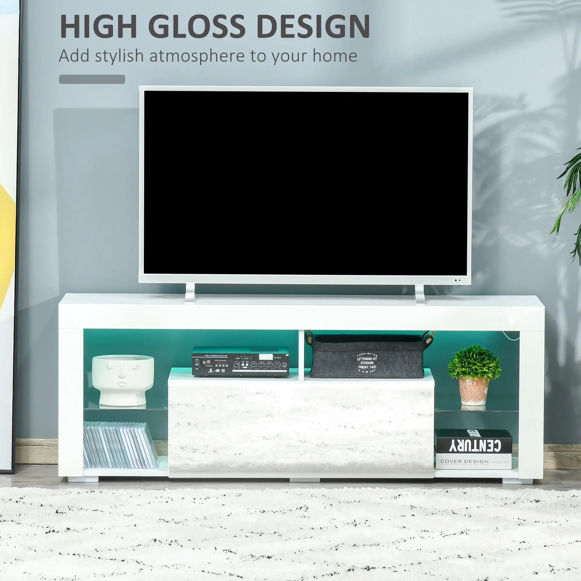 TV Stand for 55-Inch TVs, LED Lights, Remote Control, Storage Drawer, White TV Stands at Gallery Canada