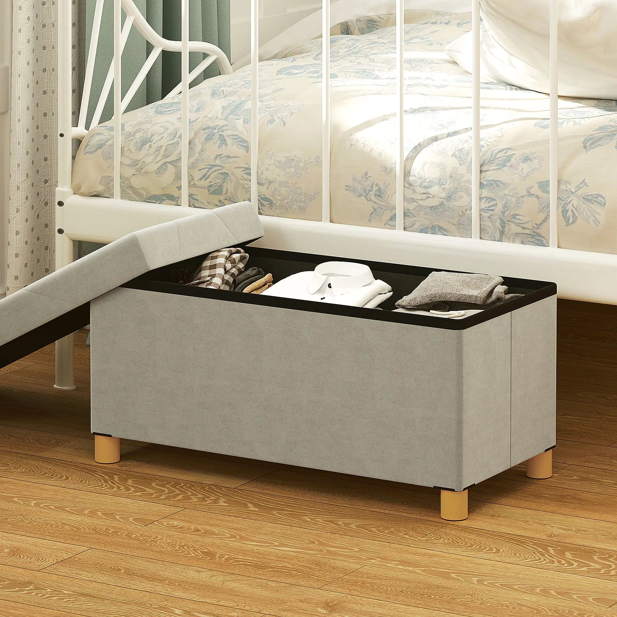 Velvet Upholstered Foldable Storage Ottoman Bench, Wood Legs Storage Ottomans & Benches at Gallery Canada