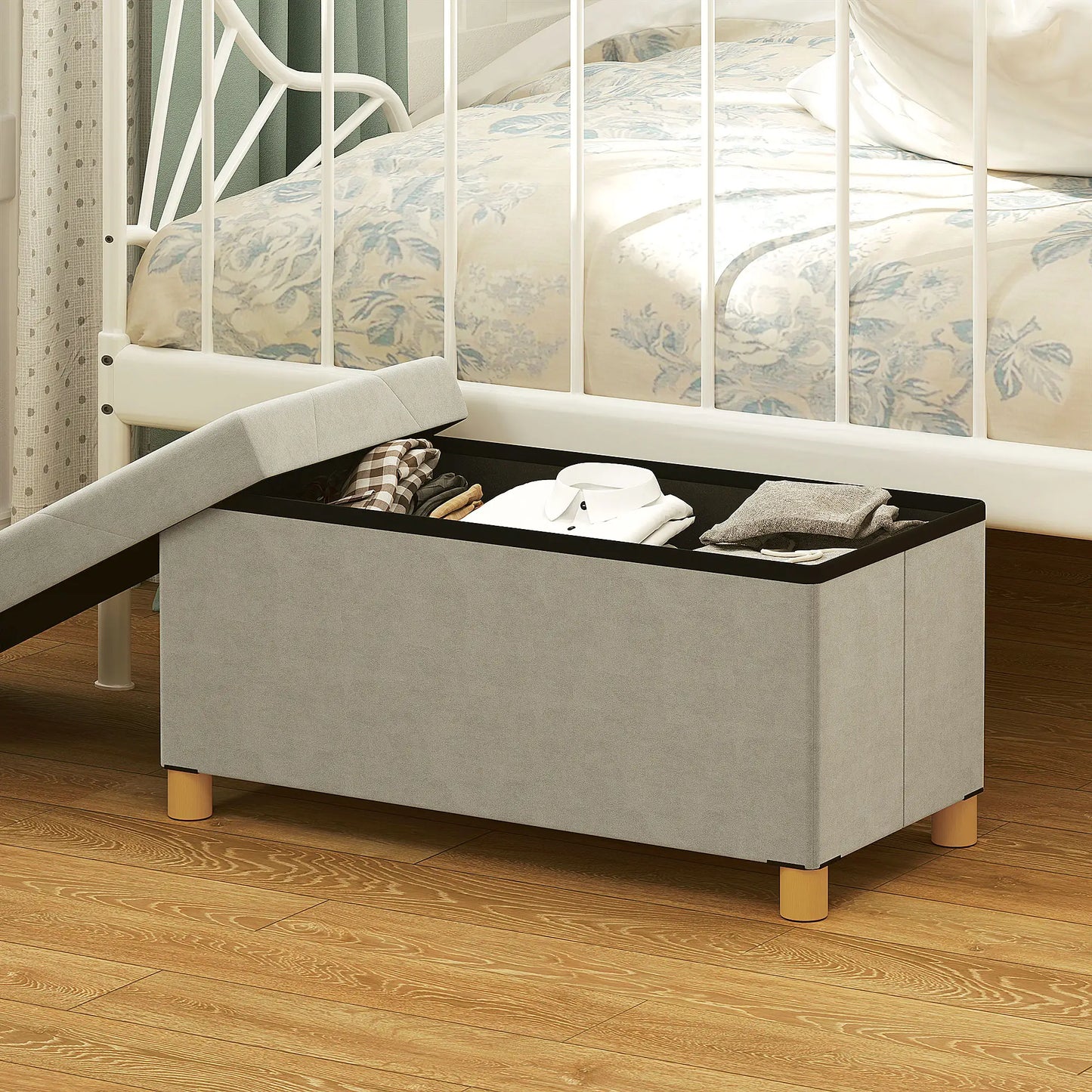 Velvet Upholstered Foldable Storage Ottoman Bench, Wood Legs Storage Ottomans & Benches at Gallery Canada
