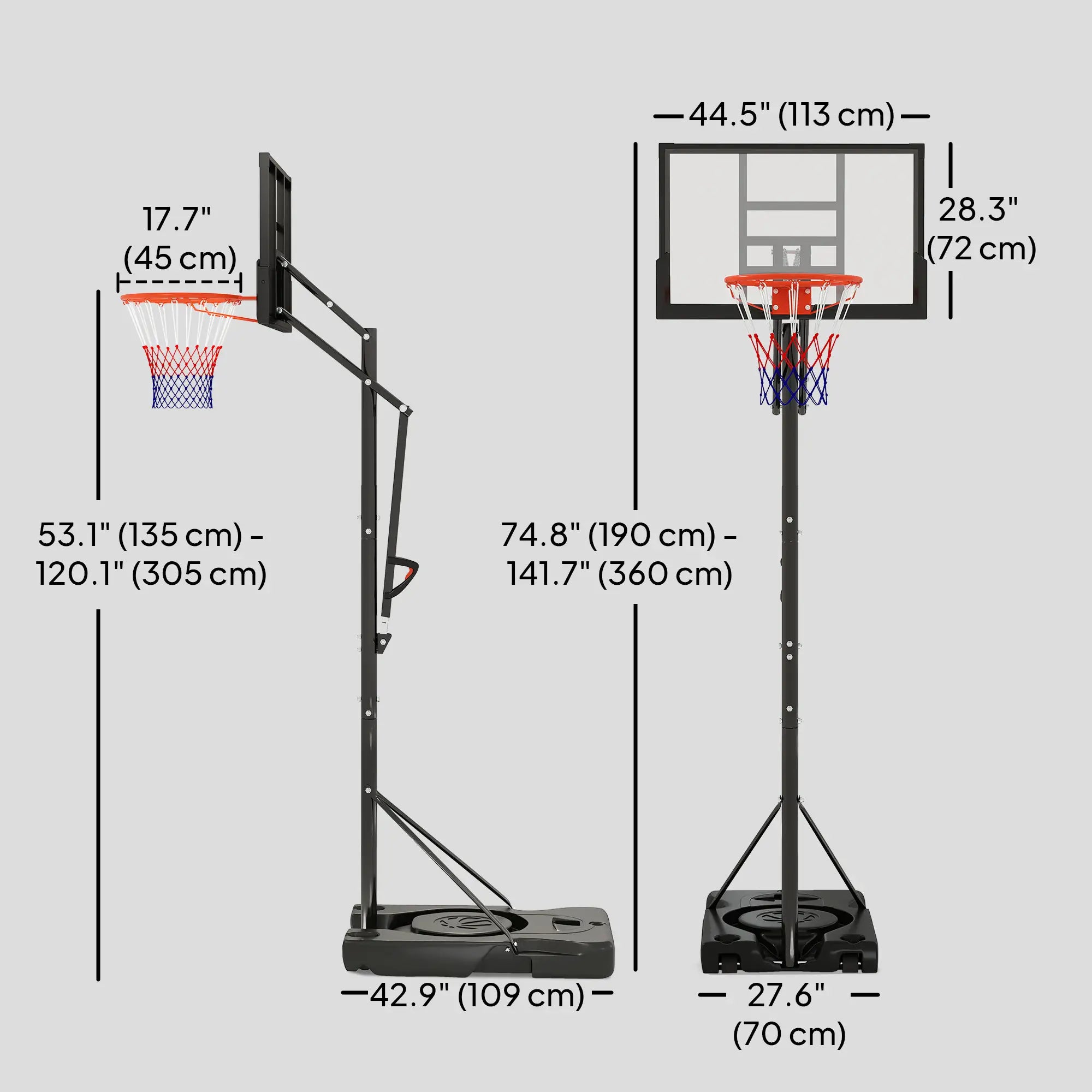 Portable Basketball Hoop, 4.4-10ft with Wheels and 44.5