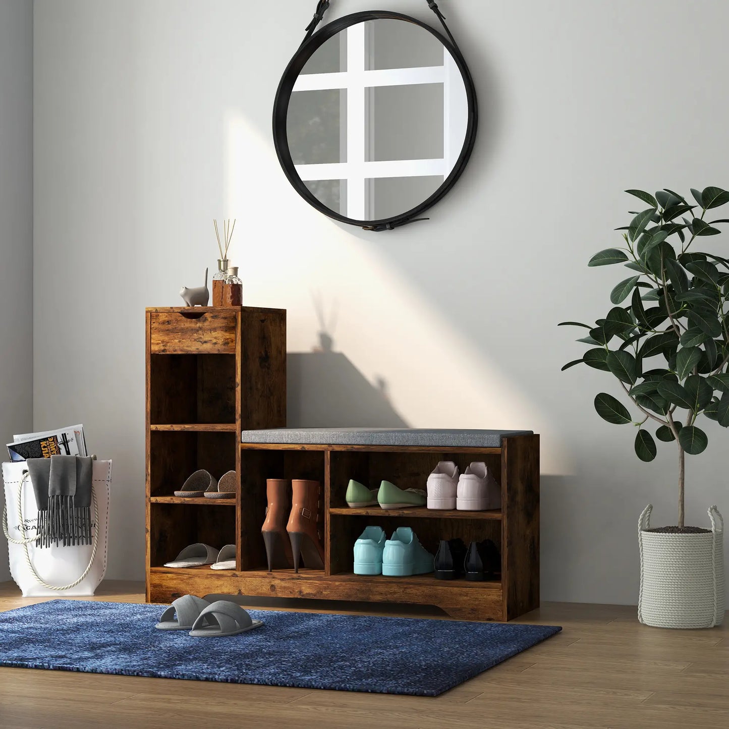 Upholstered Shoe Storage Bench With Seat, Drawer, 6 Shelves, Rustic Brown Shoe Storage Cabinets & Racks at Gallery Canada