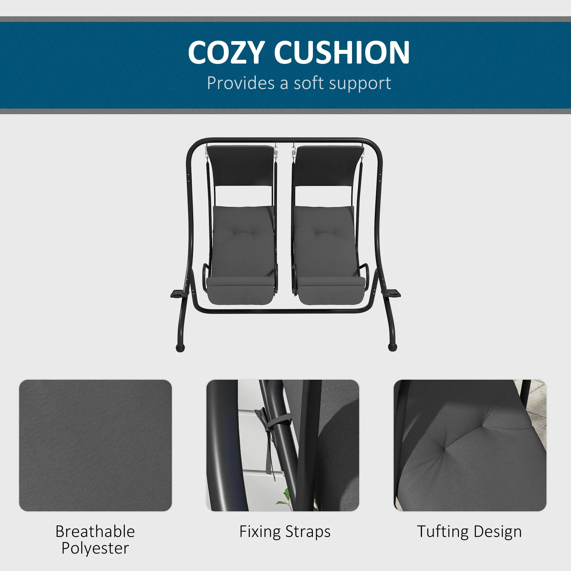 2-Seater Outdoor Porch Swing with Canopy, Grey Patio Swings with Stand at Gallery Canada