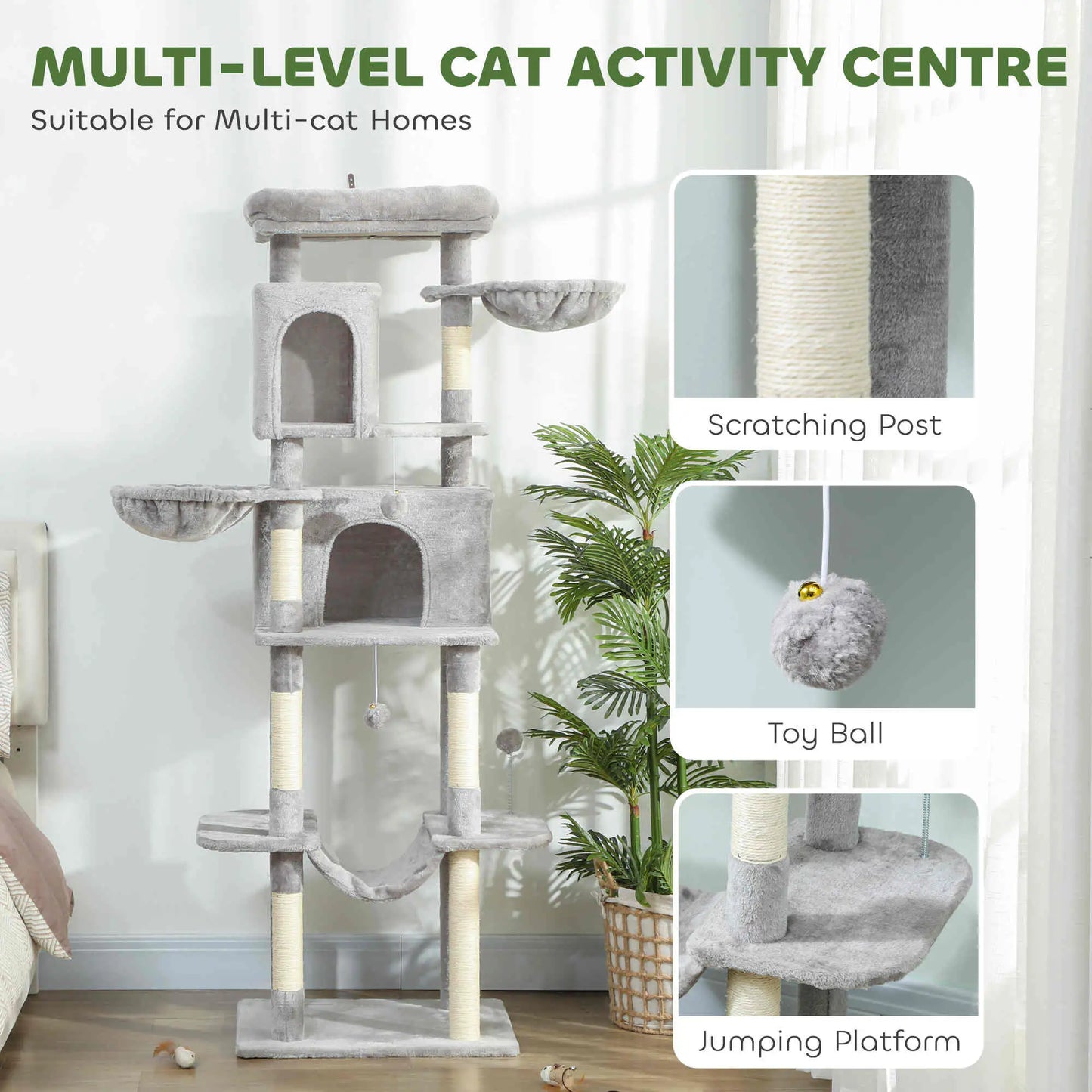 69" Cat Tree, Multi-Level Tower with 2 Condos, Plush Perch, Sisal Posts, Light Grey Cat Towers at Gallery Canada