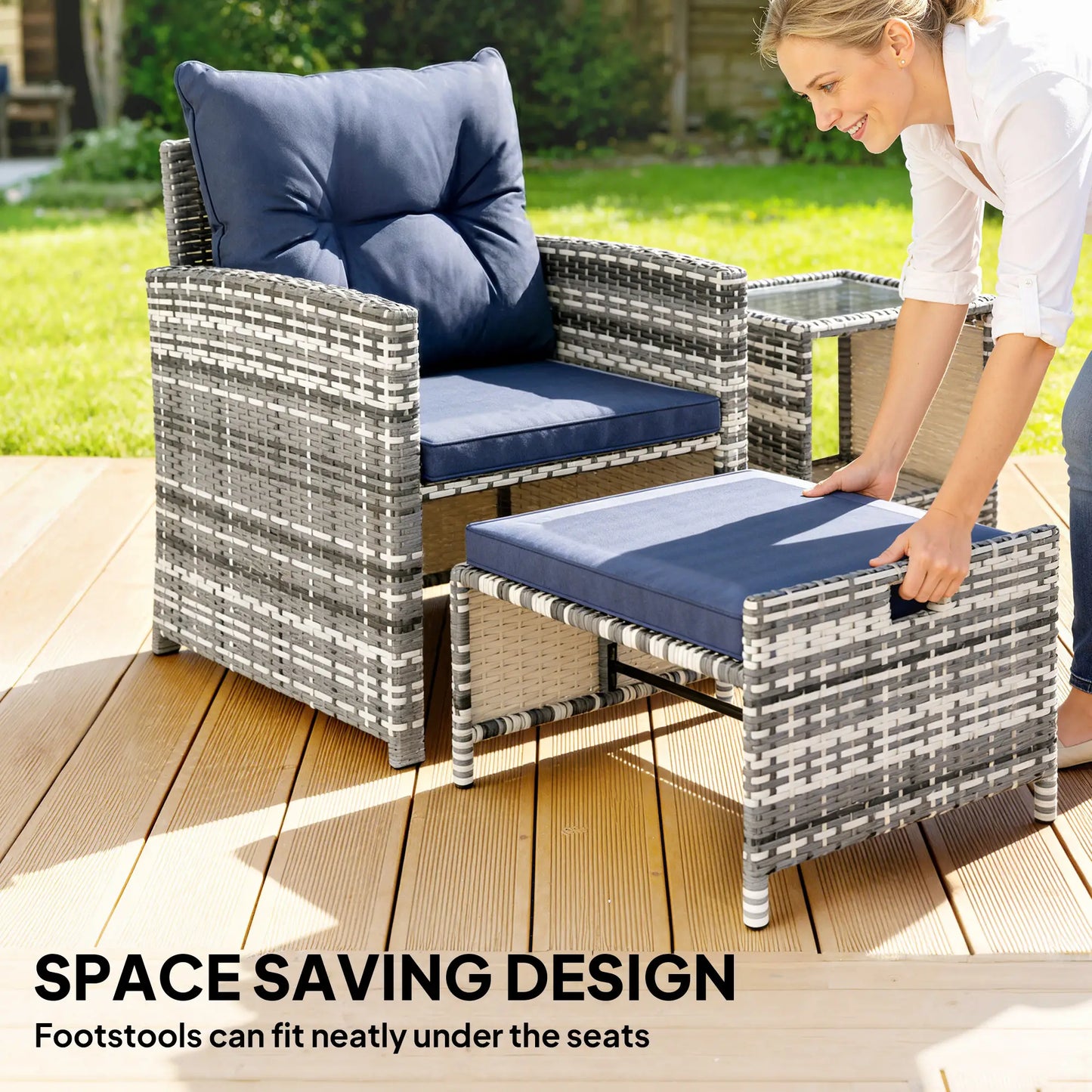 5 Piece Patio Furniture Set, Wicker Chairs With Ottomans, 2-Tier Glass Coffee Table, Grey/Dark Blue Patio Furniture Sets at Gallery Canada