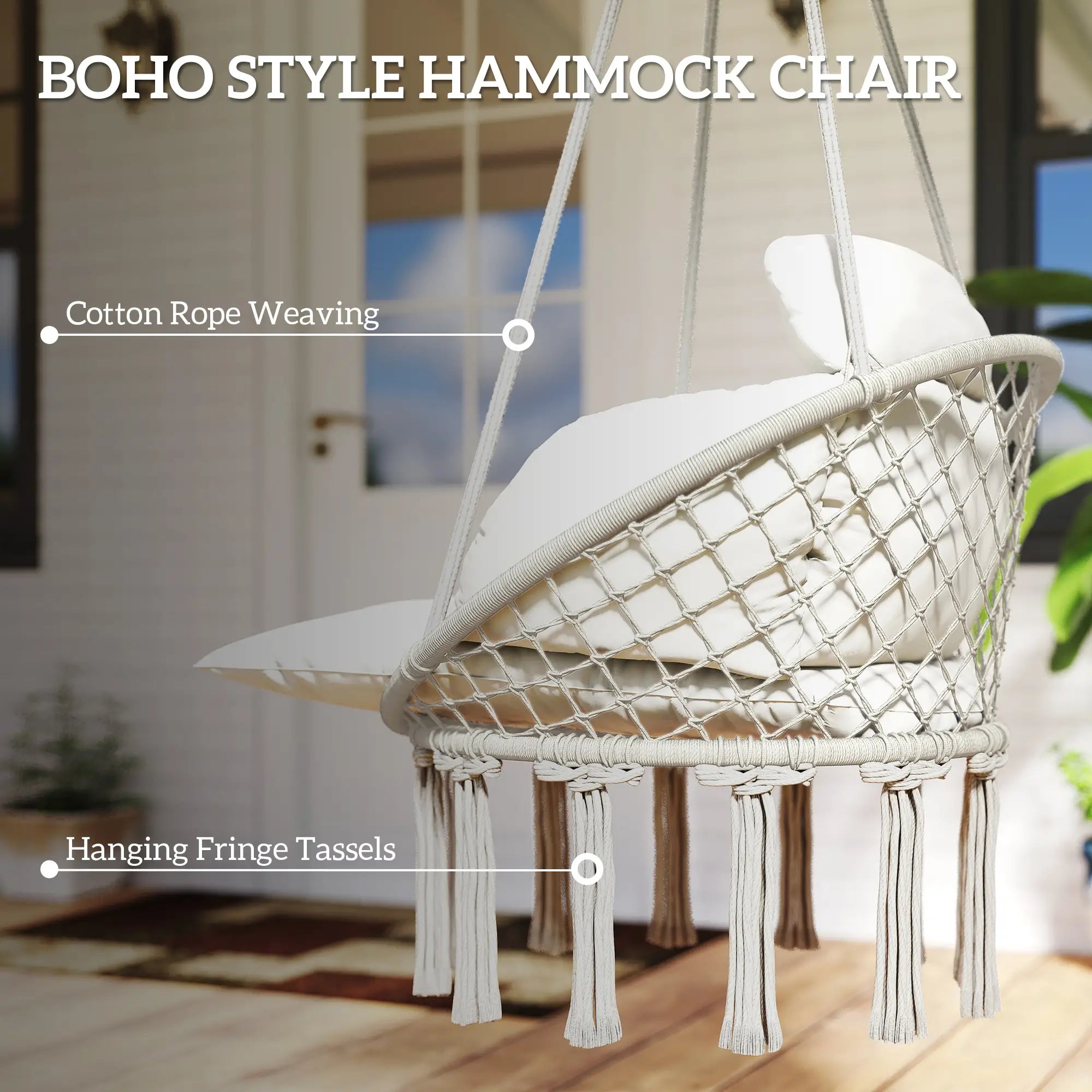 Boho Hammock Chair Swing with Cushion, Chain, Steel Frame, Cream Hammock Swings at Gallery Canada