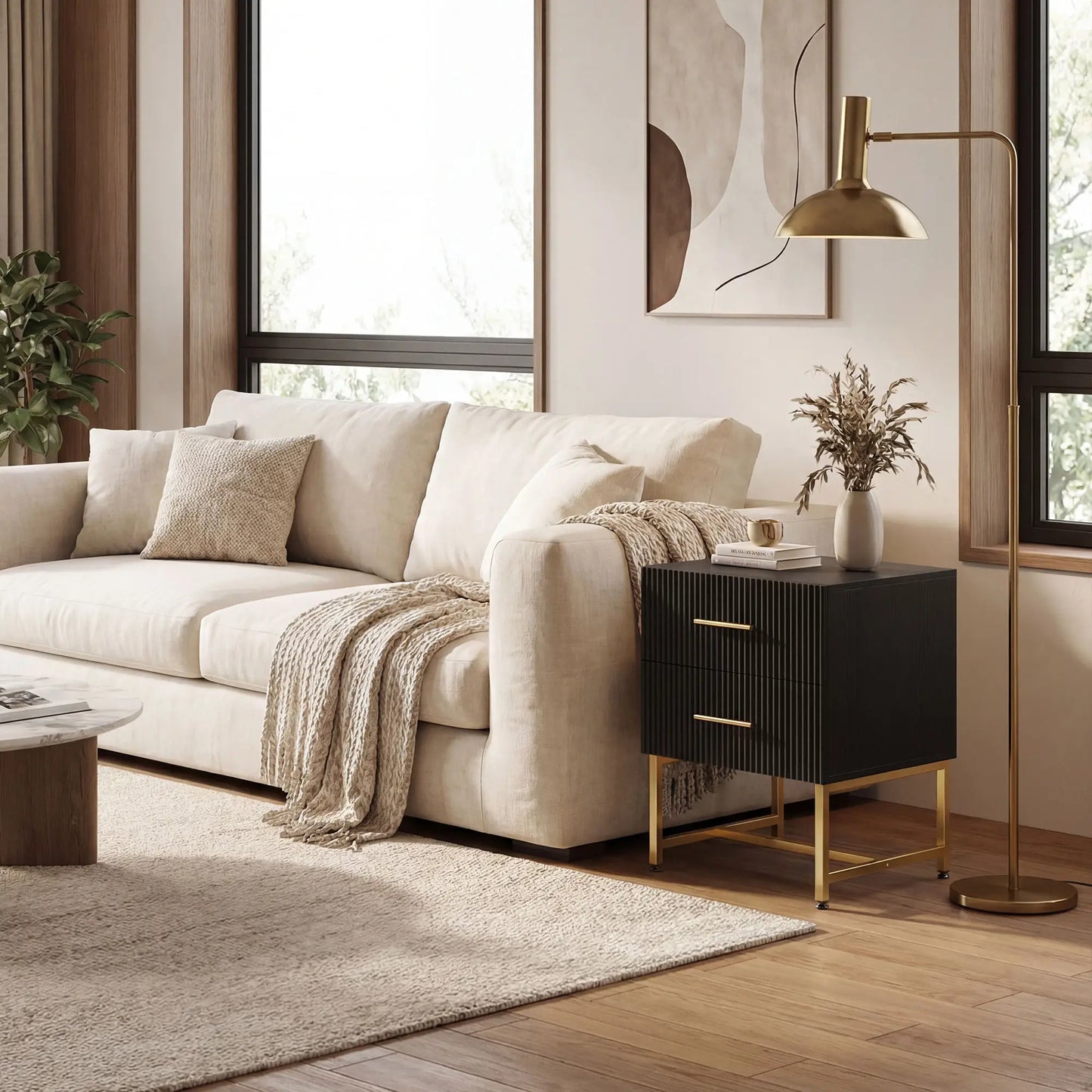 Modern Nightstands With Storage, 2 Fluted Drawers, Gold Legs, Black Bedside Tables at Gallery Canada