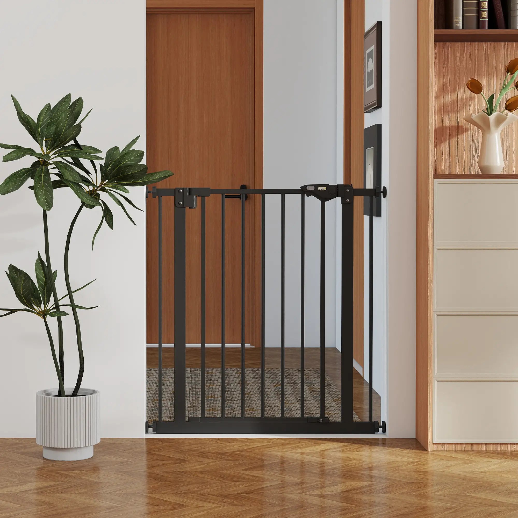 30 Inch Tall Pet Gate With Door, Pressure-Mounted, Black Houses, Kennels & Pens at Gallery Canada