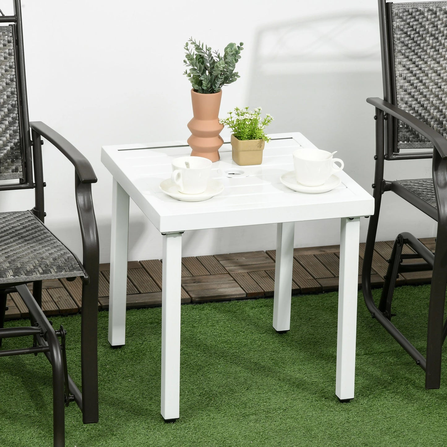 Outdoor Side Table, Patio End Table with Umbrella Hole, White