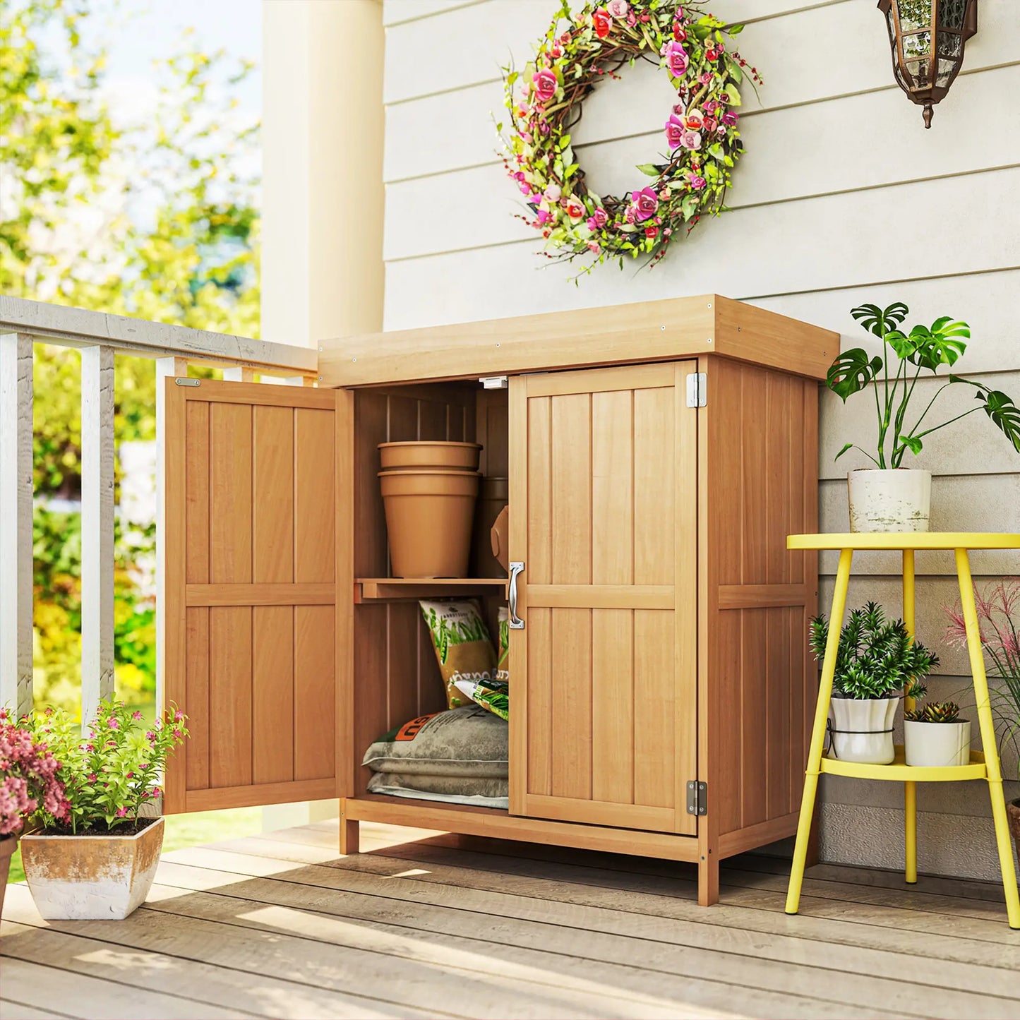 Wooden Garden Tool Shed, Hinged Roof, 2-Tier Shelves, Double Doors, 74x43x88cm, Natural Wood Sheds at Gallery Canada