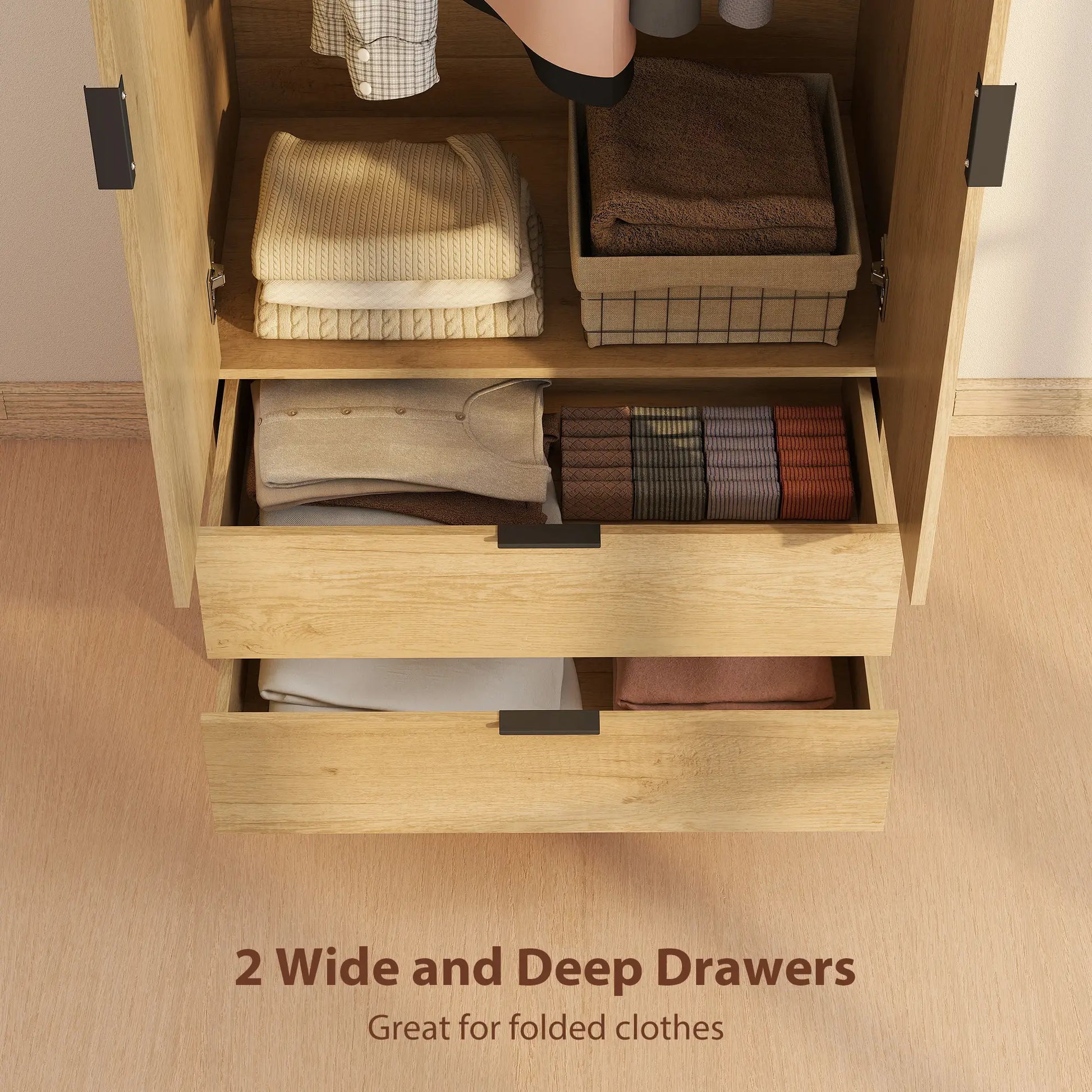 Modern Wardrobe Closet, Freestanding Armoire, 2 Drawers, Hanging Rod, Natural Clothing Storage at Gallery Canada