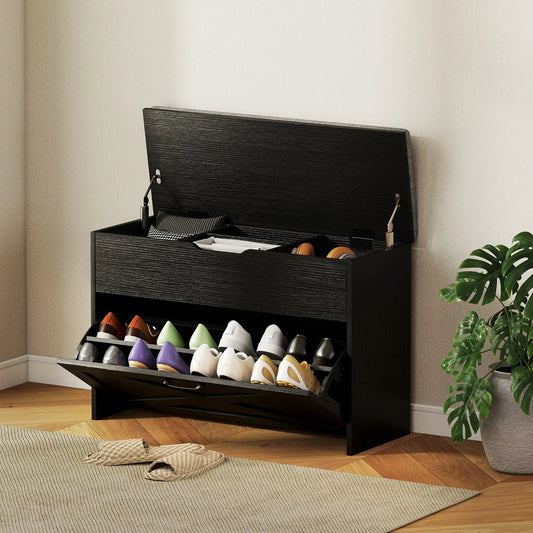 Shoe Storage Bench with Flip Drawer, Lift Top, Seat Cushion, Black Shoe Storage Cabinets & Racks Black, Grey at Gallery Canada