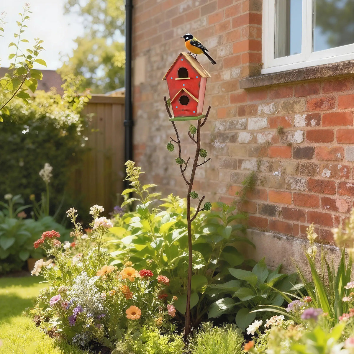 57" Outdoor Bird House With Pole, Metal, Double-Hole, Red Birds at Gallery Canada