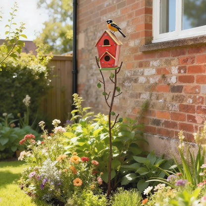 57" Outdoor Bird House With Pole, Metal, Double-Hole, Red Birds at Gallery Canada