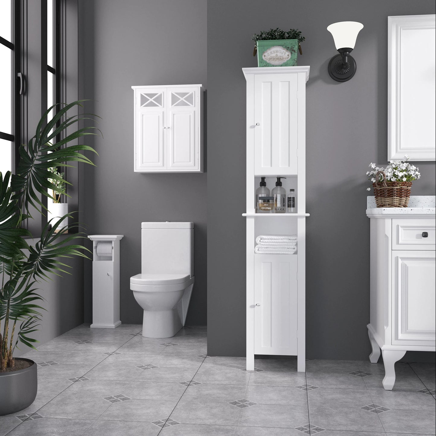 Freestanding Bathroom Cabinet, Open Shelves, 13.8" x 11.8" x 62.4", White Bathroom Cabinets at Gallery Canada