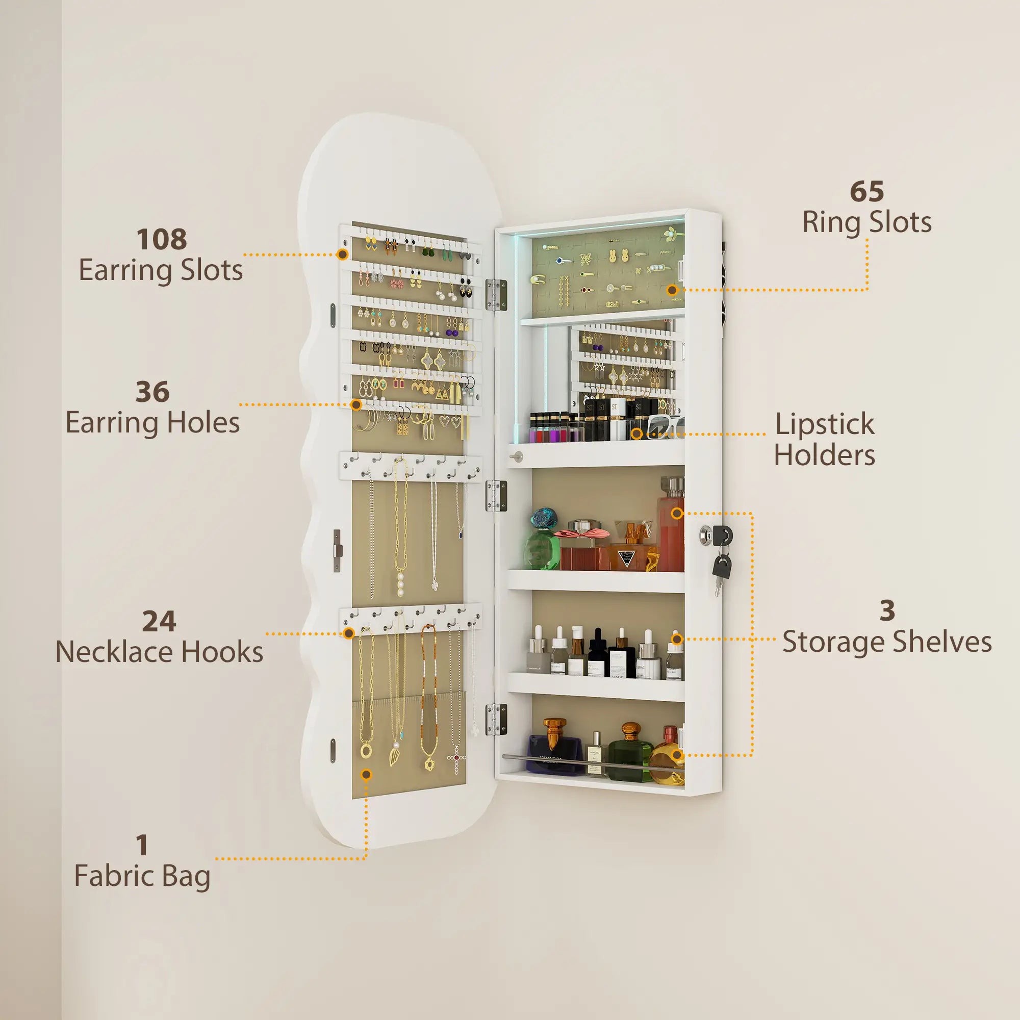 Jewelry Armoire Cabinet With Lights, Wall Mounted, Full Length Mirror, White Jewellery Armoire & Jewellery Mirror Cabinets at Gallery Canada
