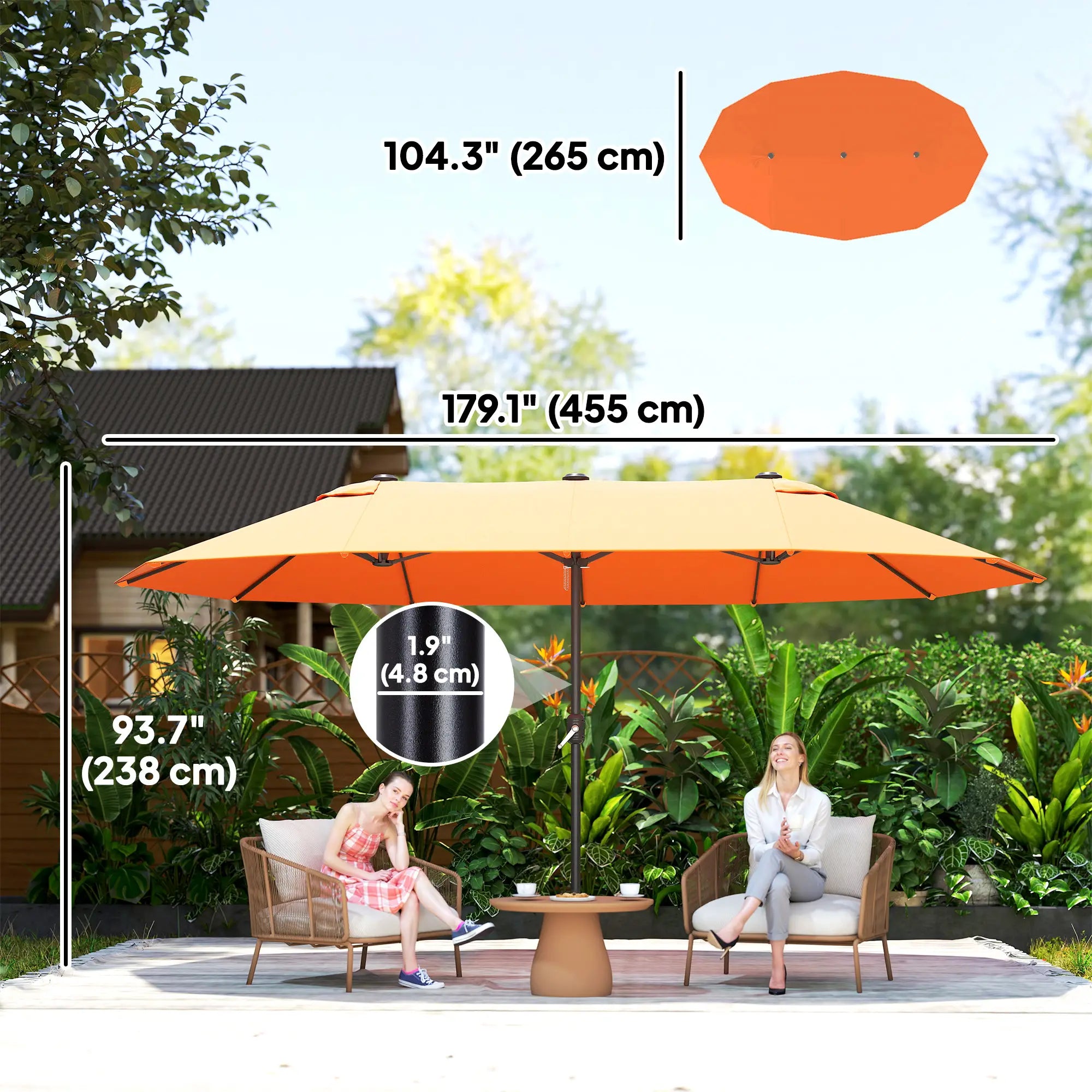 15' Outdoor Patio Umbrella, Twin Canopy Sunshade, Steel Table, Lift Crank, Orange Sun Umbrellas at Gallery Canada