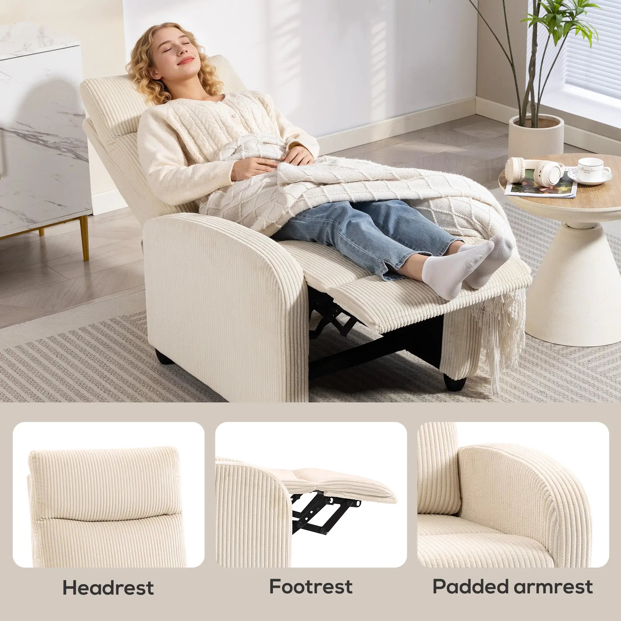 Manual Fabric Recliner Chair, Single Reclining Sofa, Padded Seat, Beige Sofas & Reclining Chairs at Gallery Canada