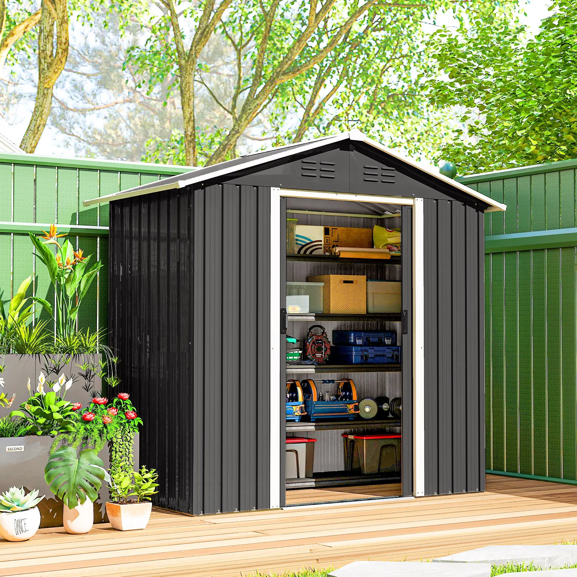 6.5x3.5ft Metal Garden Storage Shed, Double Sliding Doors, Dark Grey Sheds at Gallery Canada