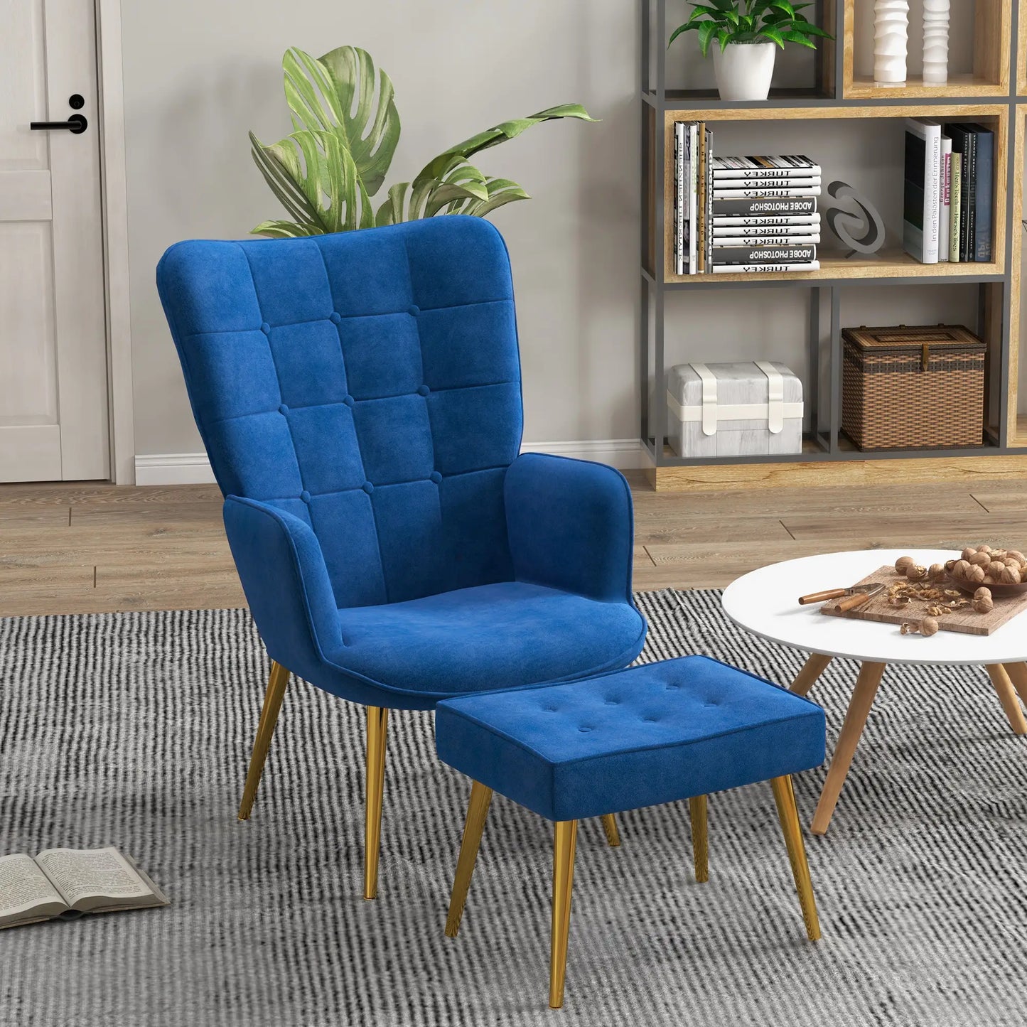 Modern Accent Chair with Ottoman, Upholstered Armchair, Gold Legs, Dark Blue Accent Chairs at Gallery Canada