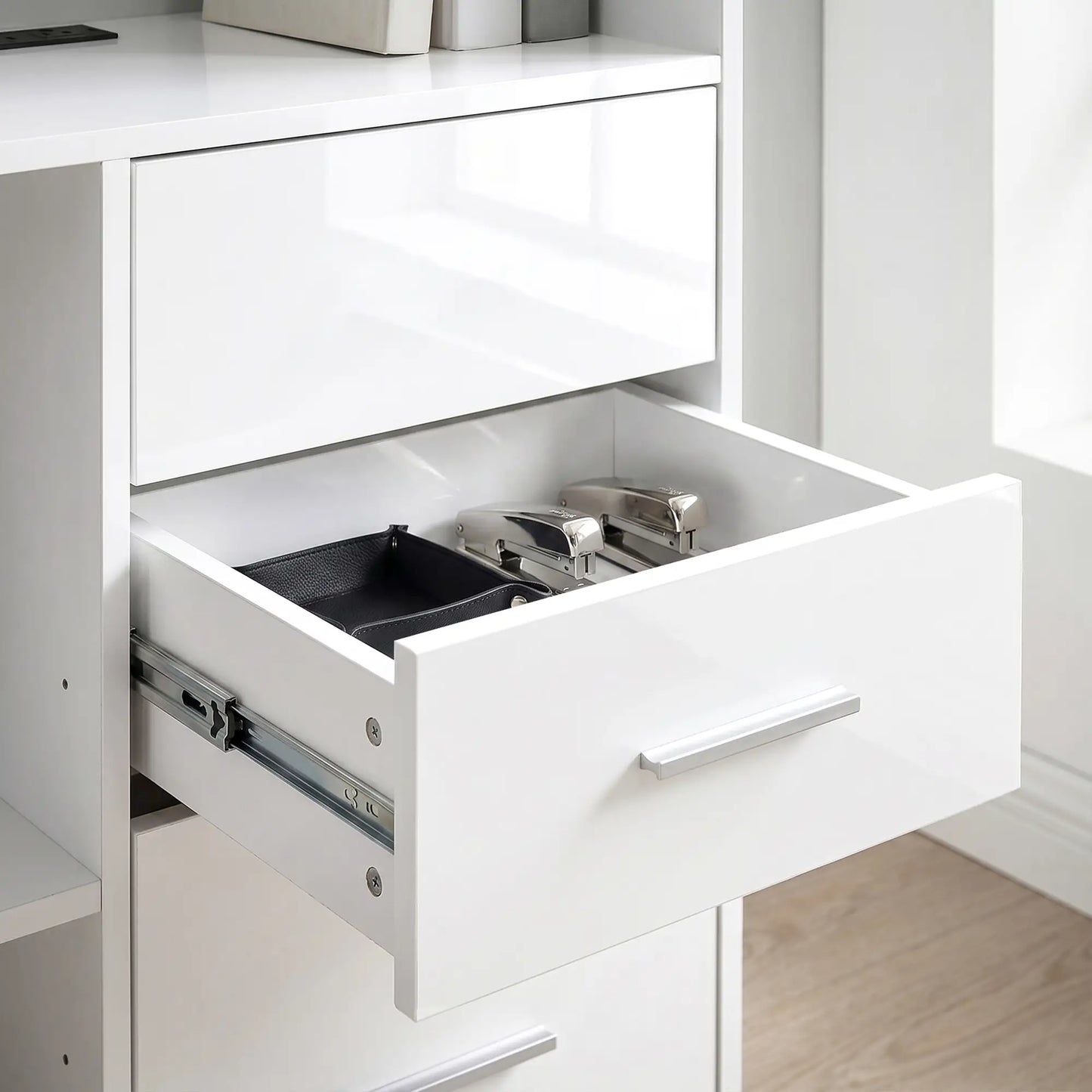 54" Computer Desk With Drawers, Power Outlets, LED Lights, White Computer Desks at Gallery Canada