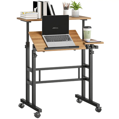 Mobile Stand Up Desk, Height Angle Adjustable, Wheels, Brown Computer Desks at Gallery Canada