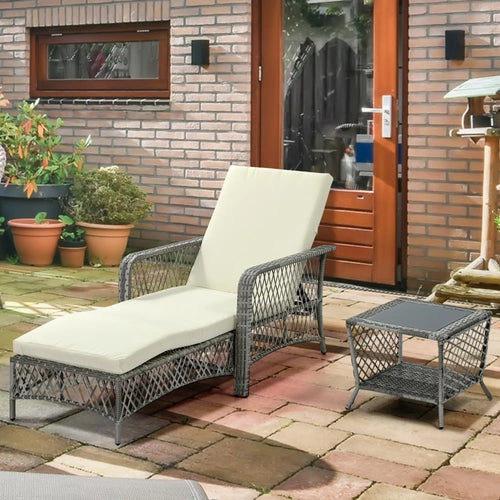 2-Piece Wicker Patio Lounge Set With Cushions, Outdoor PE Rattan Chaise Chair, Coffee Table, Cream White