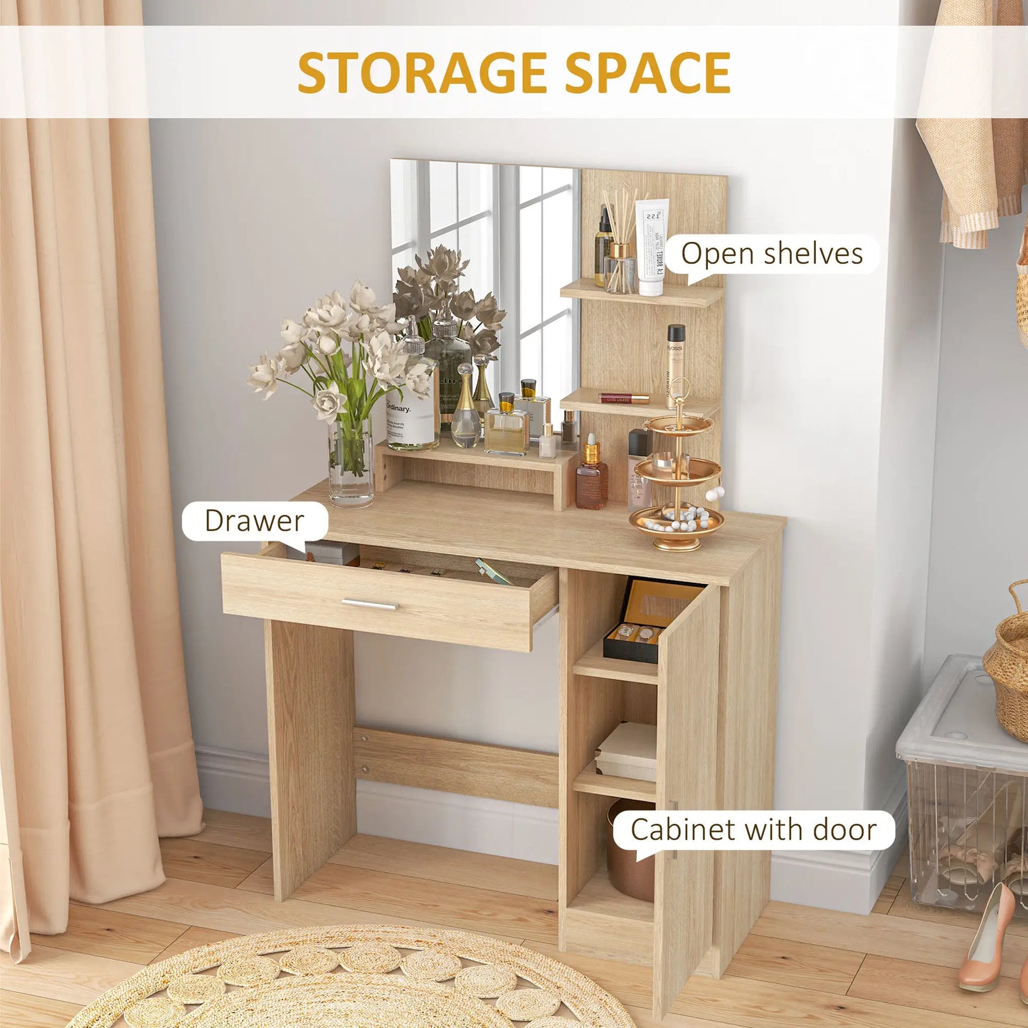 Vanity Table with Mirror, Drawer, Storage Shelves, 35.4 x 15 x 54.3 Inches, Natural Wood Dressing & Vanity Tables at Gallery Canada