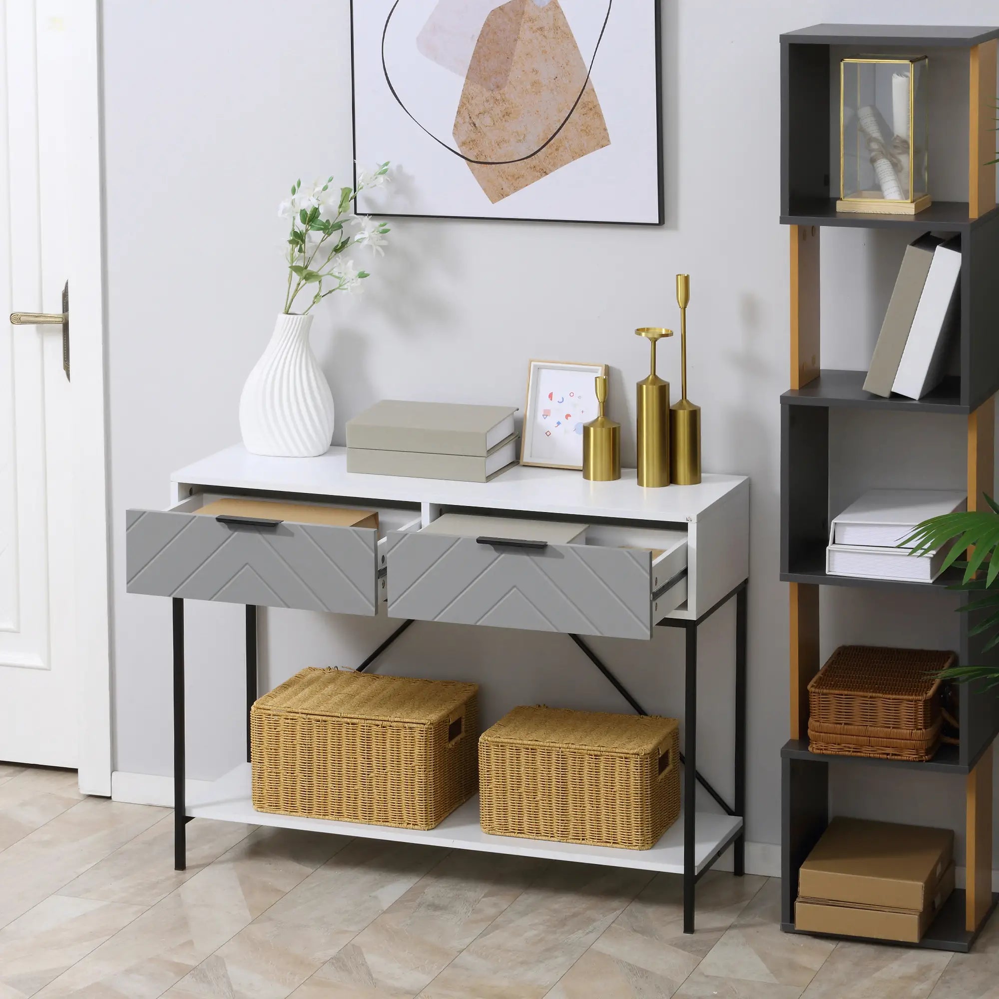 Modern Console Table with 2 Drawers, 2 Tier Entryway Table with Shelf, White Console Tables at Gallery Canada