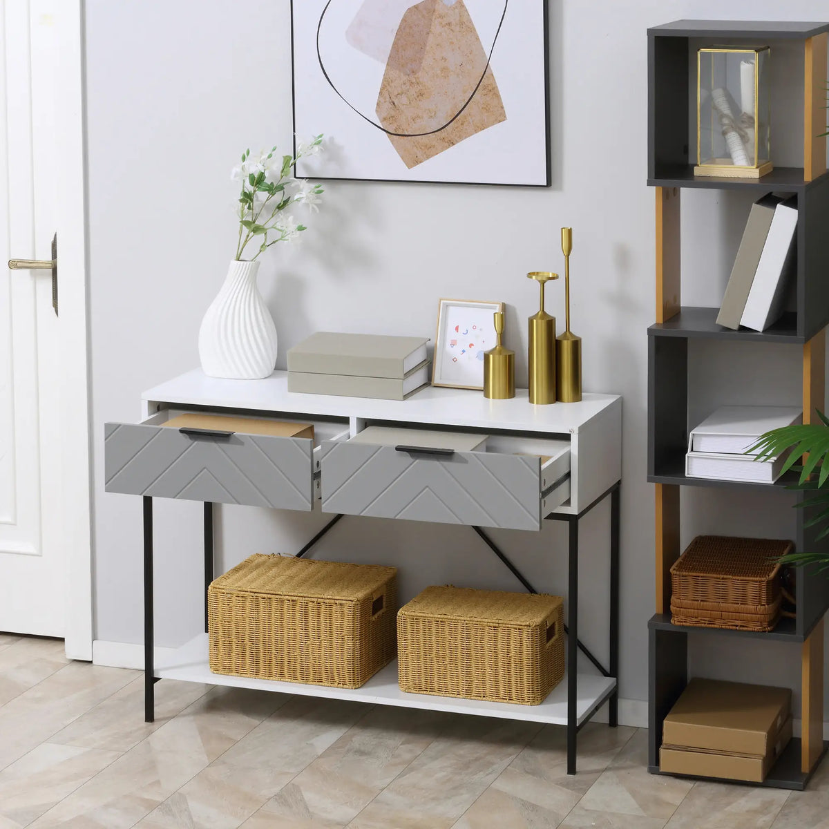 Modern Console Table with 2 Drawers, 2 Tier Entryway Table with Shelf, White Console Tables at Gallery Canada