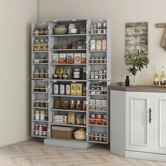 65" Kitchen Pantry Cabinet, 4 Doors, 16 Shelves, Grey Kitchen Pantry Cabinets Grey at Gallery Canada