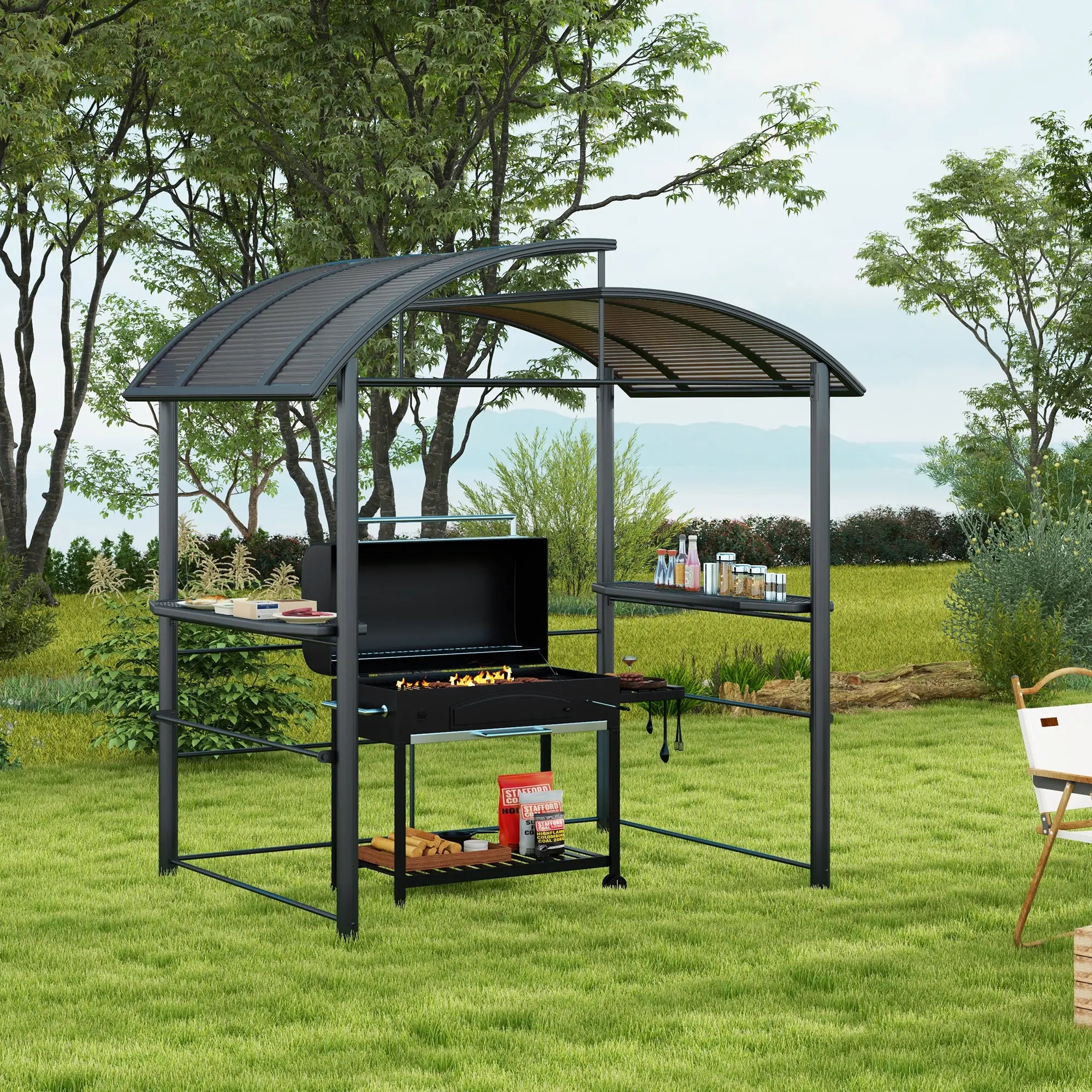 8' x 5' Grill Gazebo, Vented PC Roof, Side Shelves, Dark Grey BBQ Grill Gazebos at Gallery Canada