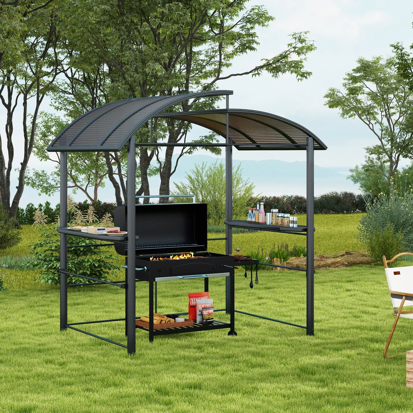 8' x 5' Grill Gazebo, Vented PC Roof, Side Shelves, Dark Grey BBQ Grill Gazebos at Gallery Canada