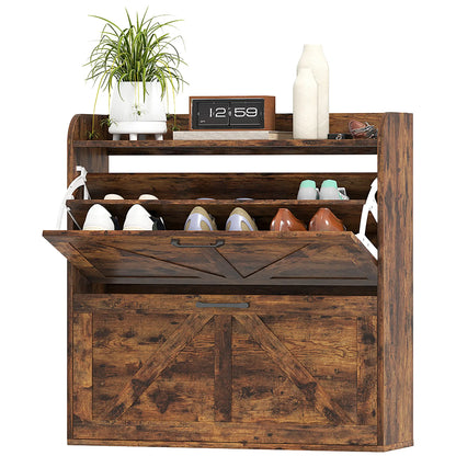 Narrow Shoe Storage Cabinet, 2 Flip Drawers, Adjustable Shelves, Rustic Brown Shoe Storage Cabinets & Racks Rustic Brown at Gallery Canada