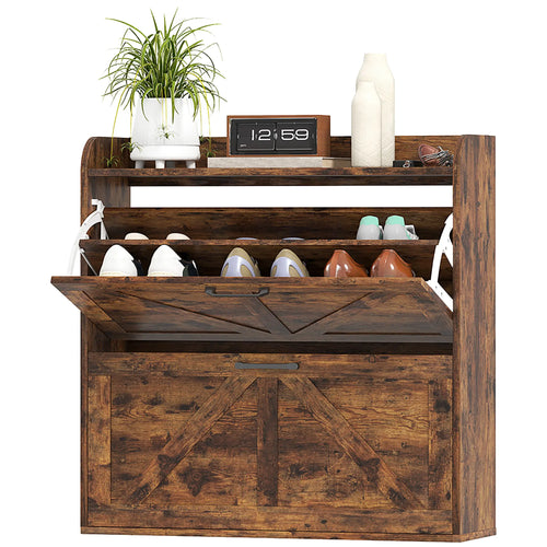 Narrow Shoe Storage Cabinet, 2 Flip Drawers, Adjustable Shelves, Rustic Brown