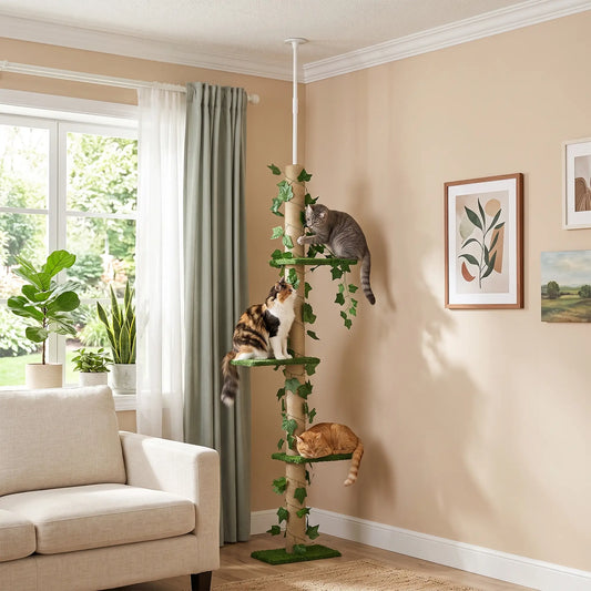 4-Tier Floor to Ceiling Cat Tree, Height 80-95Inches, Multi-Layer Activity Centre