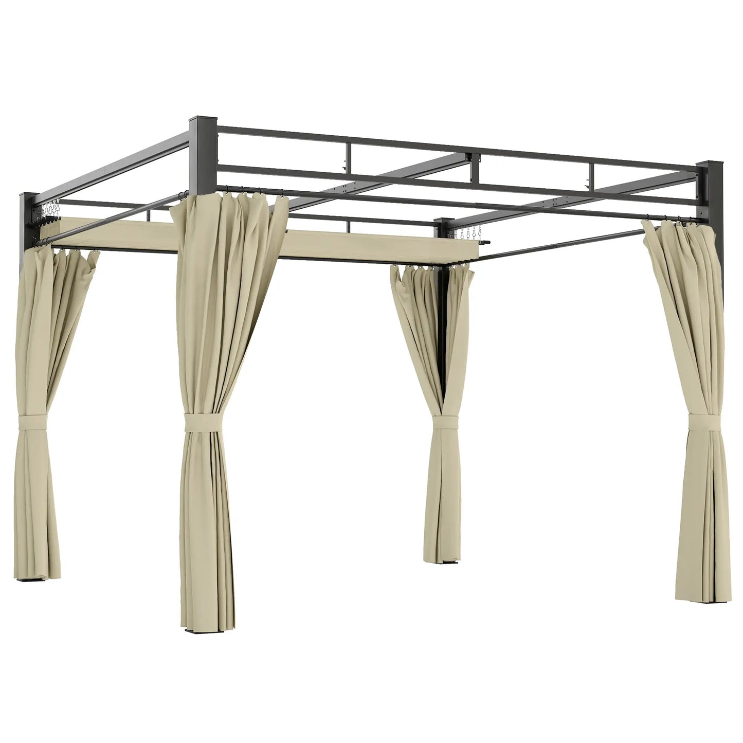 10' x 10' Outdoor Gazebo, Retractable Pergola Canopy With Curtains, Beige