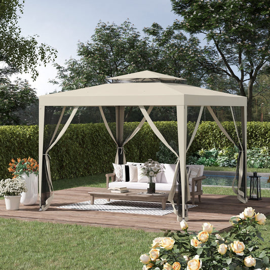 10' x 10' Canopy Tent, Party Tent with Mesh Netting and Double Tier Roof for Backyard, Garden, Patio, Outdoor, Beige - Gallery Canada