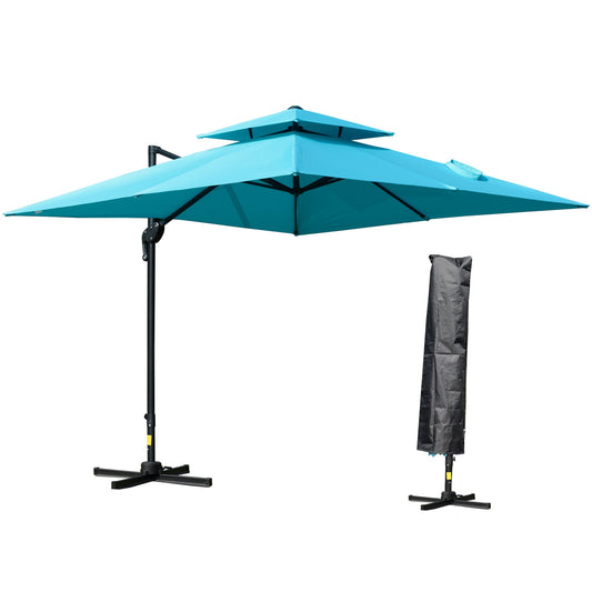 10' x 10' Cantilever Patio Umbrella, Double Top Square Offset Umbrella with 360° Rotation, 5 Adjustable Tilt Angles, Umbrella Cover, Aluminum Pole and Ribs, Light Blue - Gallery Canada