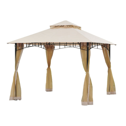 10' x 10' Double Tier Garden Gazebo Canopy Outdoor Sunshade Tent Water-Resistant Anti-UV Roof with Metal Frame and Mesh Sidewalls, Beige - Gallery Canada