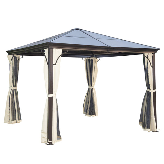 10 x 10 ft Hard Top Gazebo Canopy Heavy Duty Shelter Sun Shade w/ Curtain Beige, Coffee - Gallery Canada