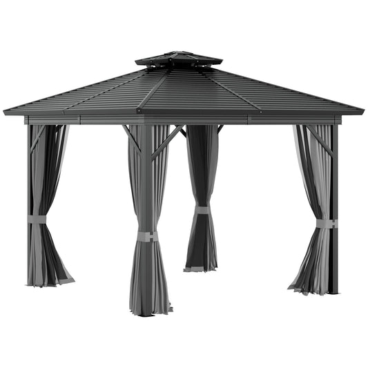 10' x 10' Hardtop Gazebo, Aluminum Frame Garden Sun Shelter with Double Tier Metal Roof, Mosquito Netting, Curtains, and Hanging Hook, Grey - Gallery Canada