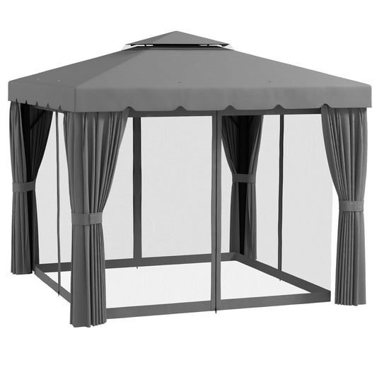 10' x 10' Outdoor Patio Gazebo Double Soft-top Garden Shelter Tent with Curtains, &; Mesh Screen Drapes, Light Grey - Gallery Canada