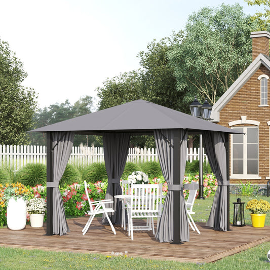 10' x 10' Patio Gazebo Outdoor Aluminum Frame Canopy Shelter with Curtains, Vented Roof for Garden, Lawn, Backyard and Deck, Grey - Gallery Canada
